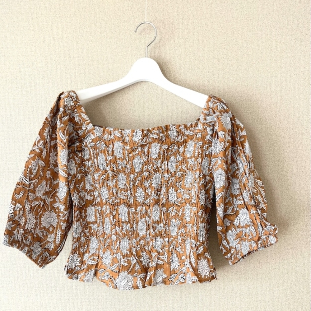 Daughters of India Tan Floral Smocked Puff-Sleeve Top - Picture 3 of 10